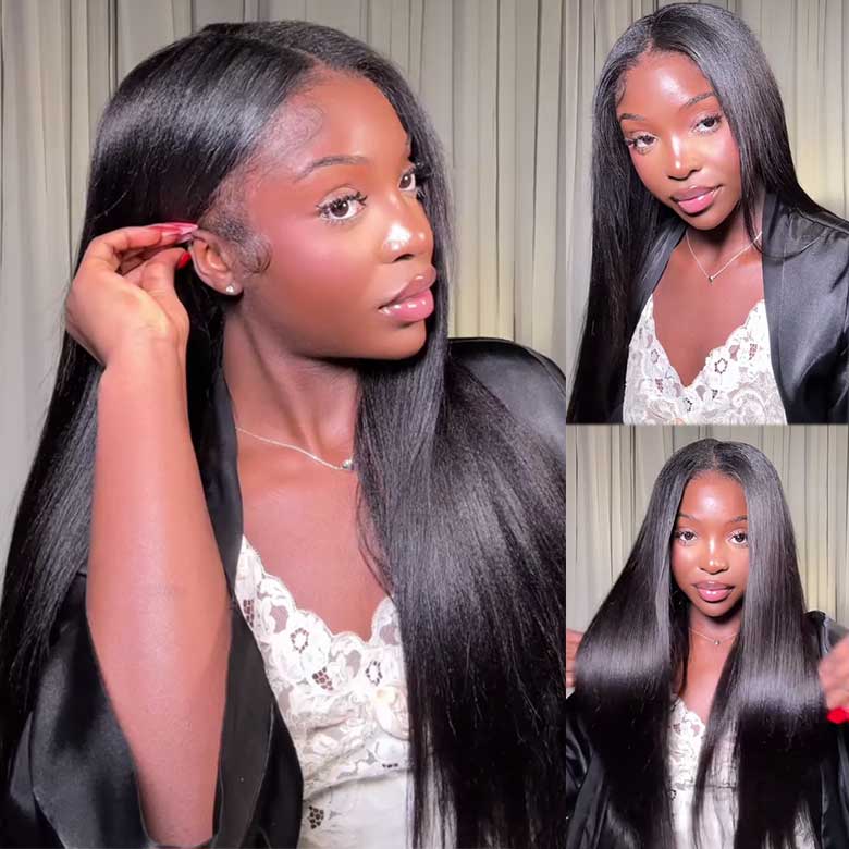 Yaki Straight Wig Put On and Go Glueless V Part Wig Kinky Straight Human Hair