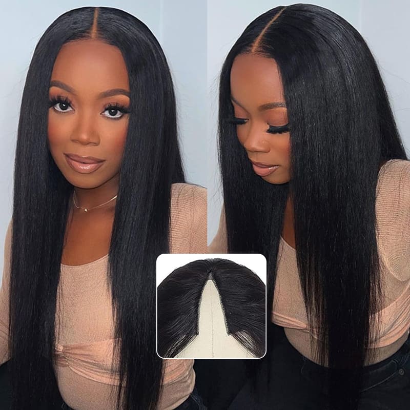 Yaki Straight Wig Put On and Go Glueless V Part Wig Kinky Straight Human Hair