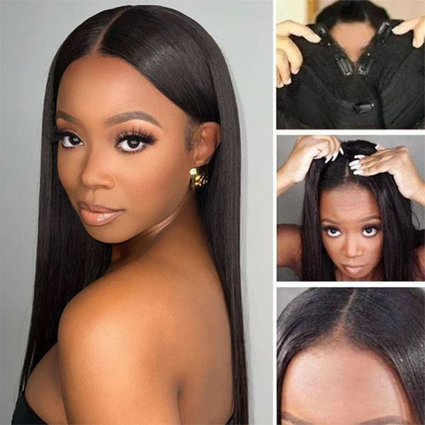 Yaki Straight Wig Put On and Go Glueless V Part Wig Kinky Straight Human Hair