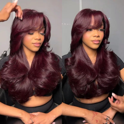 Curtain Bangs Body Wave Wig Dark Burgundy 99J Lace Front Human Hair Wigs 8X5  180% Density