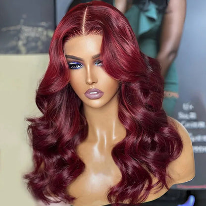 Curtain Bangs Body Wave Wig Dark Burgundy 99J Lace Front Human Hair Wigs 8X5  180% Density