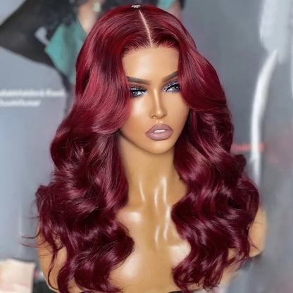 Curtain Bangs Body Wave Wig Dark Burgundy 99J Lace Front Human Hair Wigs 8X5  180% Density