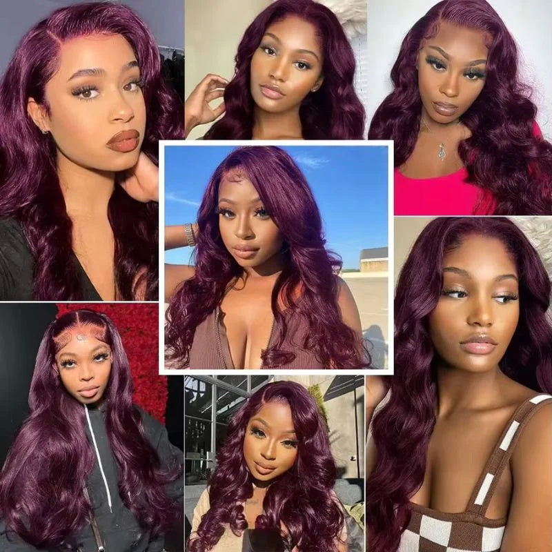 Curtain Bangs Body Wave Wig Dark Burgundy 99J Lace Front Human Hair Wigs 8X5  180% Density